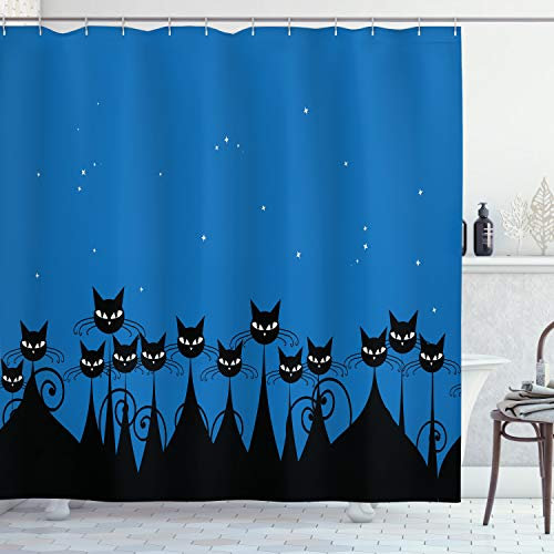 ABAKUHAUS Notte Tenda da Doccia, Gatti neri cielo stellato, Tessuto Set di Decorazioni per il Bagno con Ganci, per la vasca da bagno, 175 x 200 cm, Blu Nero Bianco