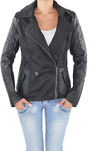Sotala Damen Übergangs Mantel Trenchcoat Jacke Kunstleder Doppelreiher Bikerjacke Jacket Übergangsjacke Parka mit Bindegürtel Schwarz