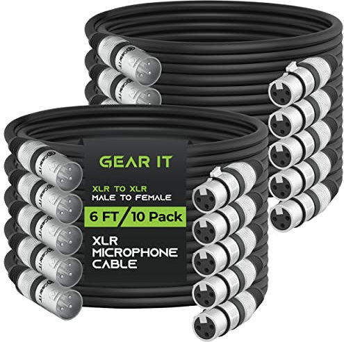 GearIT XLR Microphone Cable (6 Feet, 10-Pack) - Male to Female 3-Pin Balanced Shielded for Mic Mixer, Recording Studio, Podcast - Black, 6ft