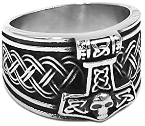 BlackAmazement 316L Edelstahl Ring Thors Hammer Skull Totenkopf Mjölnir Malmer Celtic Tribal Knoten Silber schwarz Wikinger Biker Herren (71 (22.6))
