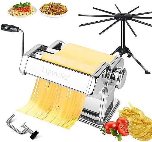 Lynndia Pasta Maker Machine Stainless Steel Manual, 9 Adjustable Thickness Settings, Includes Pasta Roller, Cutter, Removable Handle and Pasta Drying Rack, Perfect for Spaghetti (Sliver)