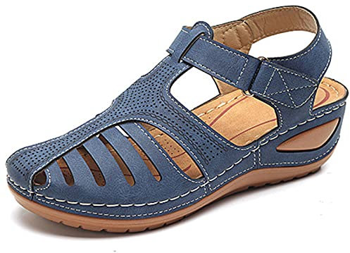 HHZY Sandales Femme Été Confortable Talon Compensées Nu-Pieds Mode Chaussure Orthopédique Bout Fermé Plateforme Cuir PU Grande Taille Chaussures de Plage,Bleu,42