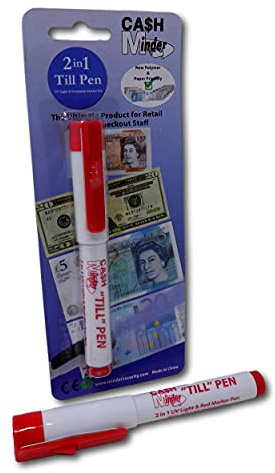 Minder 2 in 1 Forged Note Till Pen with Integrated UV Light - Ideal for Detecting Counterfeit Paper and Polymer Currency (Permanent Ink - Red, 1 Pen)