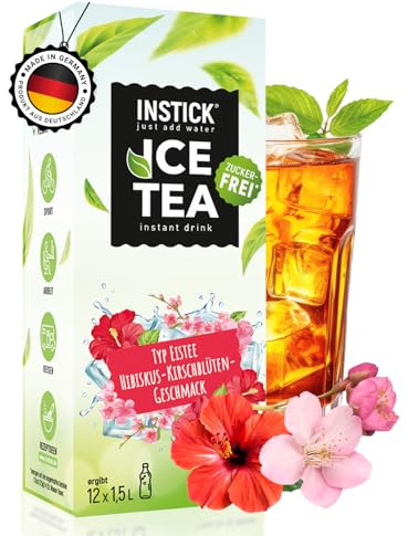 INSTICK Eistee Getränkepulver – Hibiskus & Kirschblüte 12 Sticks je 1,5–2,5L – Zuckerfreies Erfrischungsgetränk mit Vitamin C & Schwarztee-Extrakt – Für bis zu 30L Wasser mit Geschmack