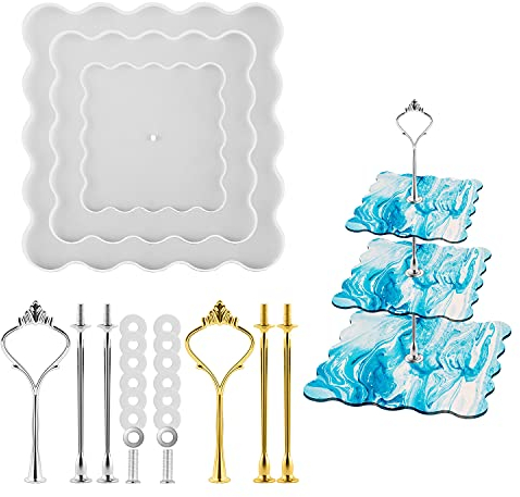 MSDADA 3 Ebenen Kuchenständer Epoxidharz Formen, Unregelmäßige Kuchenteller Harz Form mit einem Satz Goldener Halterung und einem Satz silberner Halterung für Home Party Hochzeit Dekoration