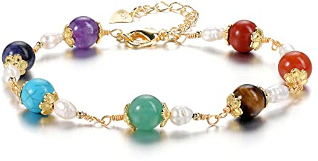 GEHECRST Schmuck 7 Chakra Armband 14K Gold Wire Armreif Partnerarmbänder Paar Armbänder einstellbar Yoga Armreif Perlenarmband Heilenstein Yoga Meditation Energietherapie für Männer Frauen