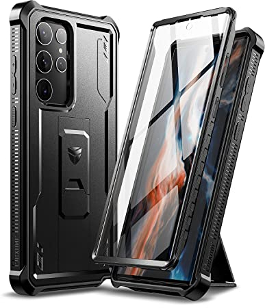 Dexnor Kompatibel mit Hülle Samsung Galaxy S22 Ultra 5G Hülle mit integrierter Displayschutzfolie Militär-Grad 360 Full Body Shockproof Bumper Protection Cover with Stand - Black