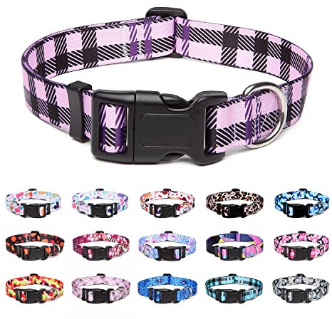 Suredoo Adjustable Nylon Dog Collar with Patterns, Soft Comfy Pet Collar for Small Medium Large Dogs (S, Purple Plaid)