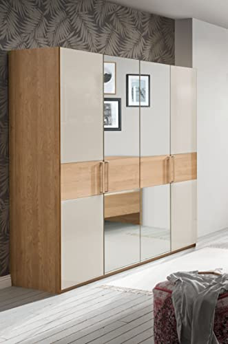 WIEMANN Kiruna Kleiderschrank, Schlafzimmerschrank, Drehtürenschrank, Breite 200 cm, 4-türig, Eiche, Glas, Champagner, beige, grau, mit Spiegel, Querriegel, B/H/T 200x197x58 cm