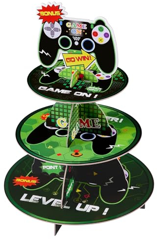 WERNNSAI Video Game Cupcake Stand - Gaming Party Decorations 3-Tier Cardboard Cupcake Stand Holder Round Serving Tray Stand Dessert Tower Kids Boys Birthday Party Supplies