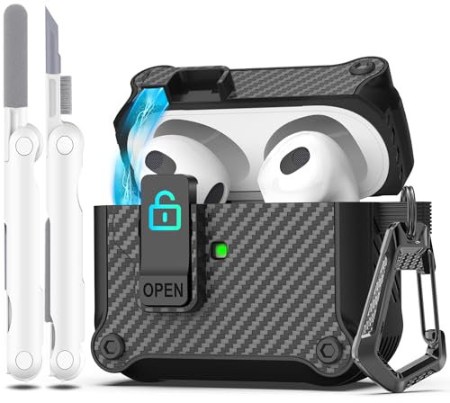 R-fun Compatible con AirPods 3ª Generación 2021 Funda de Carga, Protección Total contra caídas Auto Pop-Up Tapa Compatible con Apple Airpods 3 Gen Funda con Kit de Limpieza y Llavero,Negro