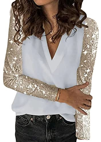 Damen FrüHling Und Herbst Pailletten NäHte Langarm Shirt Weiblich Lose V-Ausschnitt Pullover Shirt Weiblich