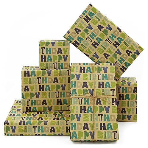 Grünes Geschenkpapier Geburtstag für Männer, Frauen, Jungen, Mädchen, Kinder, 6 Blätter, 50 x 70 cm pro Blatt, Braunes Kraftpapier, Geschenkpapier für Babypartys, Papa, Geburtstagsanlässe