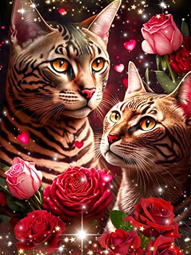 5D Diamond Painting Rote Rose und Katze, DIY Diamant Painting Kit Liebe, Strass Kristall Kit Schlafzimmer Wohnzimmer Wanddekoration (30 * 40cm)