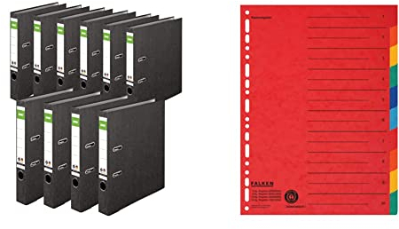 Original DINOR Ordner-Wolkenmarmor-Recycling - 10er Pack & Original Falken Karton-Register überbreit für DIN A4+ 240 x 297 mm volle Höhe mit Organisationsdruck 10-teilig vollfarbig 2 x 5 Farben