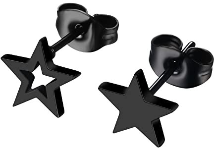 JewelryWe Schmuck Stern Ohrstecker Edelstahl Klassische Asymmetrische Pentagramm Ohrringe Ohr-Piercings Ohrschmuck für Herren Damen Schwarz