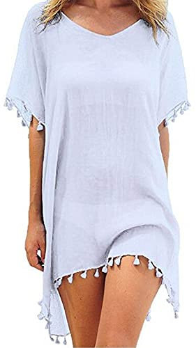 Edhomenn Women Chiffon Beachwear Tassel Bikini Cover Up Short Beach Dress Solid See-Through Swimsuit Summer Casual Swimwear (White, One Size)