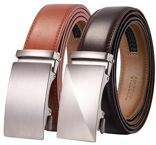 TANGCHAO 2 Stücke Gürtel Herren,Ledergürtel Ratsche Automatikschließe für Herren Business Anzug Jeans, 35mm Gürtel,Größe Einstellbar 24Braun+25Kaffee 115cm
