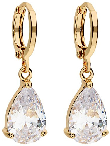 LÖB Damen Goldene Creolen Ohrringe Hängend Ohrhänger mit Zirkonia Stein Tropfen-Anhänger Gold Vergoldet Gelbgold Weiß Tropfenform Tropfenohrringe
