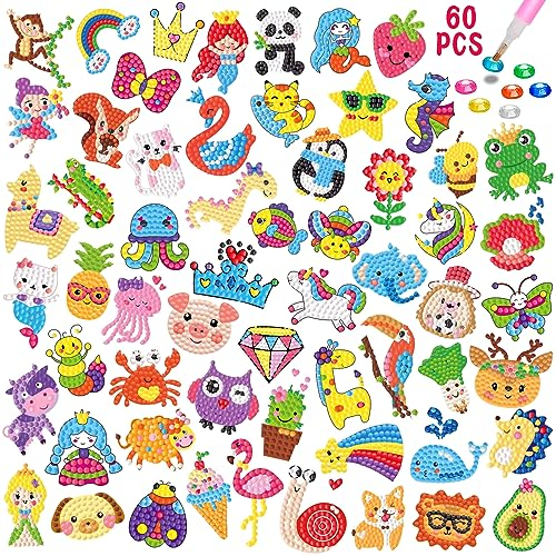 BOUTIKS Diamond Painting Kinder, 60 Stück DIY Tiere Diamant Painting Aufkleber Kits für Kinder Geburtstagsgeschenk