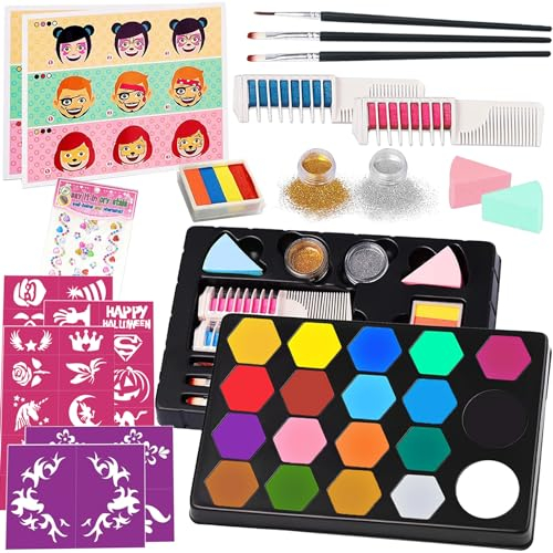 TEUVO Pinturas Cara para Niños, 19 Colores Pintacaras Infantil Hipoalergenica para Niños la Cara y Cuerpo Pintura Facial con 35 Plantillas & 3 Pinceles Maquillaje Carnaval Halloween Cumpleaños Navidad