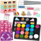 TEUVO Pinturas Cara para Niños, 19 Colores Pintacaras Infantil Hipoalergenica para Niños la Cara y Cuerpo Pintura Facial con 35 Plantillas & 3 Pinceles Maquillaje Carnaval Halloween Cumpleaños Navidad