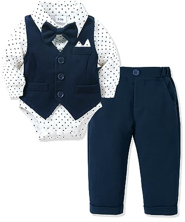 Amissz Baby Junge Anzug Taufe, 0-18M Neugeborenen Taufanzug Hochzeitsoutfit Partei Babykleidung Strampler + Bowtie + Vest + Pants Set