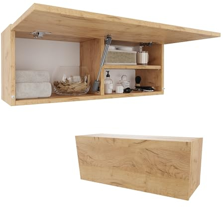 PLATAN ROOM Badschrank 80/120 / 160/200 / 240 breit Badmöbel Badezimmer Klapphängeschrank Schrank Hochglanz Matt Weiß (Gold Eiche, 80 x 30 x 25)