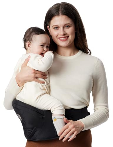 Momcozy Hip Seat Baby Carrier - Adjustable Waistband with Original 3D Belly Protector, Ergonomic Carrier with Various Pockets for Newborns & Toddlers up to 45lbs (Black, Medium)