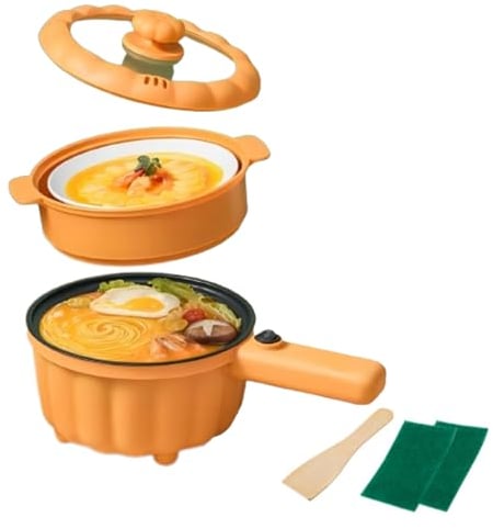 Tuzsocr Electric Frying Pan with Steamer,2L Non-Stick Electric Pan for Sauté,Pumpkin Shaped Electric Hot Pot,Multifunction Portable Travel Cooker,for Ramen Noodles/Pasta/Egg/Oatmeal (Orange + Steamer)