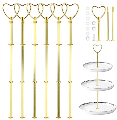 Bocguy 6 Pack Herzförmig Etageren Stangen Set Golden Vintage Metallstange Etageren Stangen Golden 6 Sets Etagere Bausatz für Geburtstag Hochzeitstorte Tortenständer 3 Etagen (Platte Nicht enthalten)