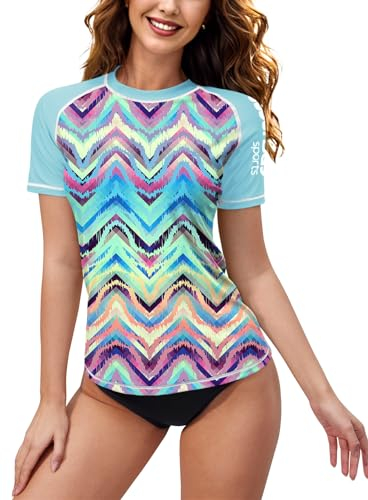 BesserBay Frauen Kurz äRmel Badeshirt Schwimmen Mit Tropen Printed Rash Guard Sonnenschutz UPF 50+ C7 M