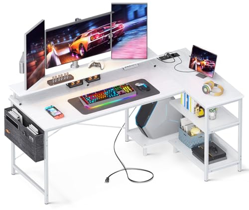ODK Escritorio Gaming en L, 147x80cm Escritorio Esquinero Reversible con Puerto de Carga USB y Toma de Corriente, Mesa en L con Estante&Soporte de Monitor para Hogar, Oficina, Gaming, Blanco