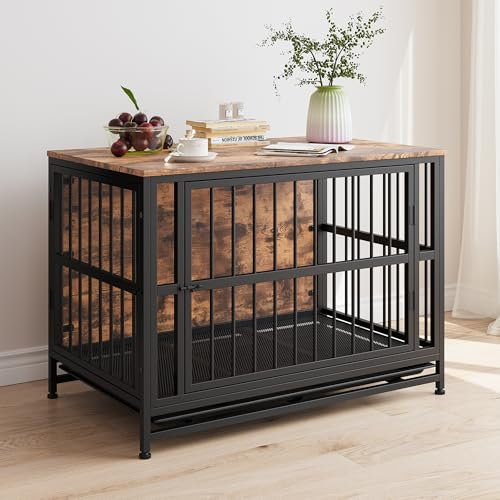 BORPHOM 38.98 Wooden Dog Crate Furniture,Large Dog Kennel Indoor,Heavy Duty Dog Cage for Large Dogs,Dog House with Removable Tray,Folding 2 door Crate,Side End Table,Rustic Brown