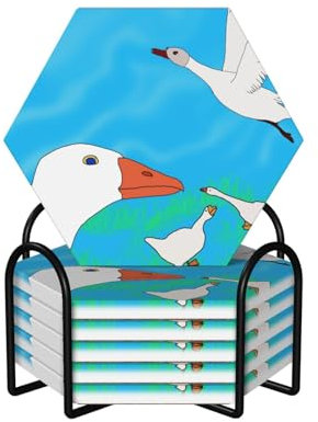 Sechseckige Keramik-Kork-Untersetzer, 6 Stück, fröhliches weißes Gänse-Muster, rutschfester Korkboden, passend für alle Kaffeetassen, Gläser und Tassen ​