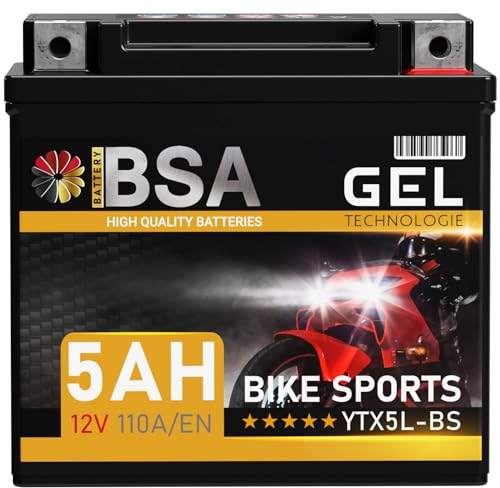 BSA YTX5L-BS GEL Roller Batterie 12V 5Ah 110A/EN Motorradbatterie doppelte Lebensdauer entspricht YTX5L-4 50412 CTX4L-4 YT5L-BS vorgeladen auslaufsicher wartungsfrei ersetzt 4Ah