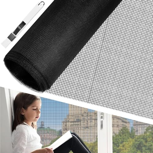 BUZIFU Fliegengitter Meterware, Fiberglas-Fliegengitter Gewebe, 100 x 250 cm, Insektenschutz Gaze Fenster Mesh mit Fensterputzbürste, Schutz gegen Mücken, UV-beständig für Fenster und Türen (Schwarz)