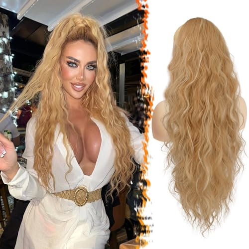 BARSDAR Pferdeschwanz Haarteil Blond mit Kordelzug, 66cm Lang Lockige Wellige Pferdeschwanz Haarverlängerung Zopf Extensions für Damen Synthetik Clip in Ponytail Extension - Blond Gemischt