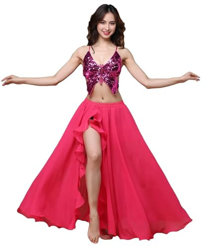 MUNAFIE Röcke für Damen Langer Rock mit Schlitz Bauchtanz Tanz Chiffon Rock Tanzkleid Bauchtanz Kostüm Rose
