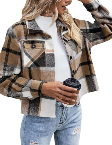 Zeagoo Damen Hemdjacke Karierte Jacke Langarm Shacket Mantel Flanell Jacke Kurz Hemdbluse Braun S