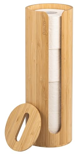 eluno Rangement pour 4 rouleaux de papier toilette en bambou au design naturel, porte-rouleau autoportant avec couvercle et étagère, porte-rouleau de papier toilette rechargeable, rond