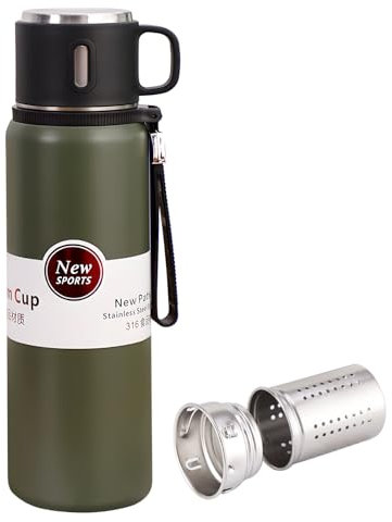 600ML Water Bottle Stainless Steel Insulated Bottle,20 oz with a cup Vacuum Insulated Water Bottle, Thermos for Hot Drinks/Cold Drinks,24-Hr Insulation Commute, Travel (Army green)