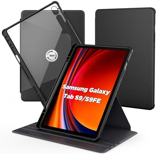 CACOE Drehbare Hülle für Samsung Galaxy Tab S10 FE 10.9 2025/ S9 FE 10.9 /S9 11 Zoll mit S Pen Halter, 360 Grad Drehbare Schutzhülle Acryl, Transparente Rückseite Stoßfest Grenze (Schwarz)
