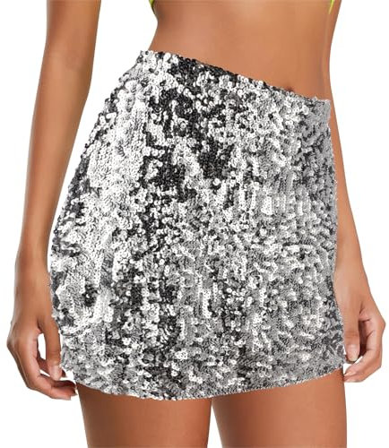 Silberner Pailletten Rock Damen Sexy Glitzer Minirock (DE/NL/SE/PL, Alphanumerisch, L, Regular, Regular, Silberner)