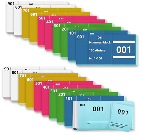 20 Bücher Doppelnummern 1-1000 Nummern Zahlen 5 Farben 5X10cm Nummernblöcke Tombola Lose Tombola Nummernblock Nummerierte Abrisse Nummernblock Papier Doppelnummernblock Blau Grün Rosa Gelb Weiß