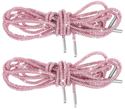 Molain 2 lacci glitterati con strass, lacci glitterati e brillanti, rotondi, per stivali, scarpe da tennis, scarpe da corsa, Colore: rosa.