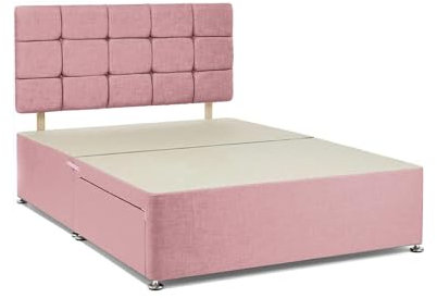 Divan Beds Deals - Pink Linen Look Divan Double Bed Frame | Room Decore Bed Frame with 20” Cube Headboard & 2 Storage Drawers