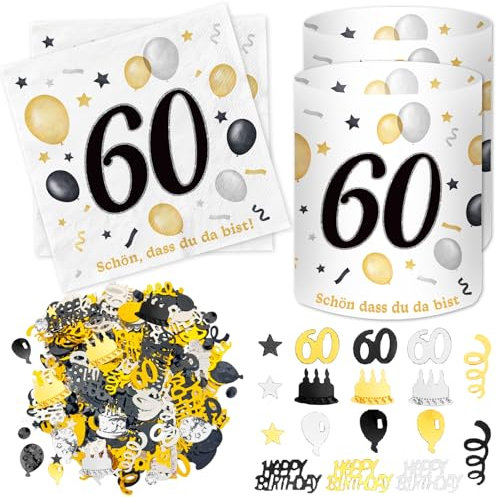 20 Stück Servietten 60 Geburtstag+ 12 Stück Windlicht Tischdeko 60 Geburtstag + 500 Stück Konfetti zum 60. Geburtstag, Deko 60. Geburtstag Mann Frau, Tisch Deko 60 Jahre Schwarzes Gold