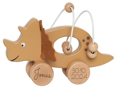 Holzspielzeug Dinosaurier mit Name und Geburtsdatum personalisierbar Motorikschleife individuell graviert Schiebespielzeug Rolltier ab 12 Monate