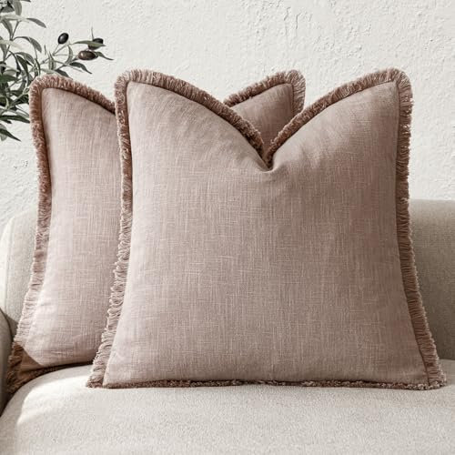 Foindtower Ensemble de 2 housses de coussin décoratives à franges en lin de style bohème et rustique avec pampilles pour canapé, sofa, lit, salon, décoration d'intérieur, 40 x 40 cm, rose poudré